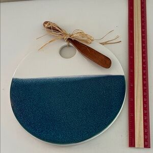 Hand crafted Blue and White Ceramic Cheese Board with Wooden Spreader